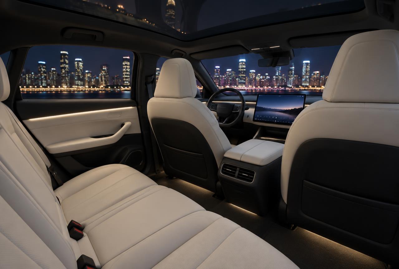 Interieur van een elektrische auto met lichte lederen achterbank